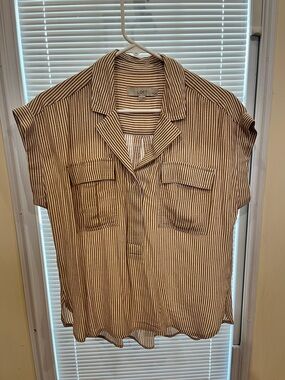 LOFT Women’s Short-Sleeve Tan and White Striped Button-Down Shirt